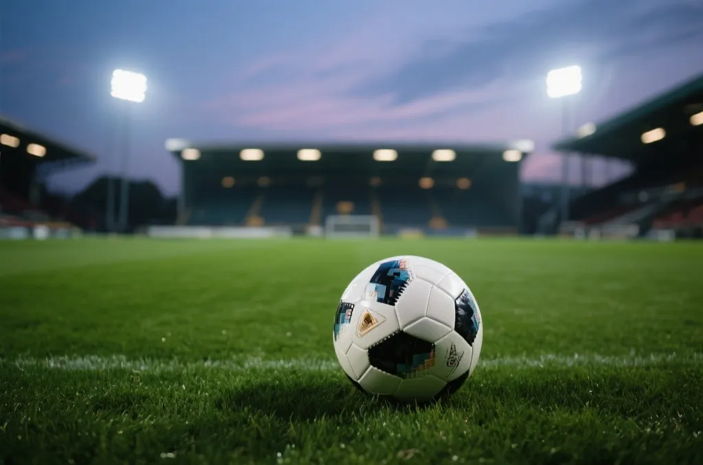 A professional soccer ball resting on a lush green grass pitch under bright stadium floodlights at dusk